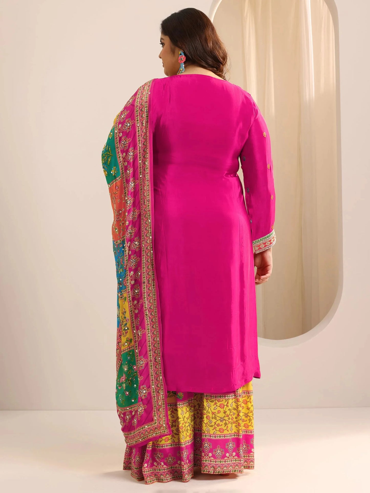Plus Size Pink Embroidered Silk Blend Straight Sharara Suit Set With Dupatta