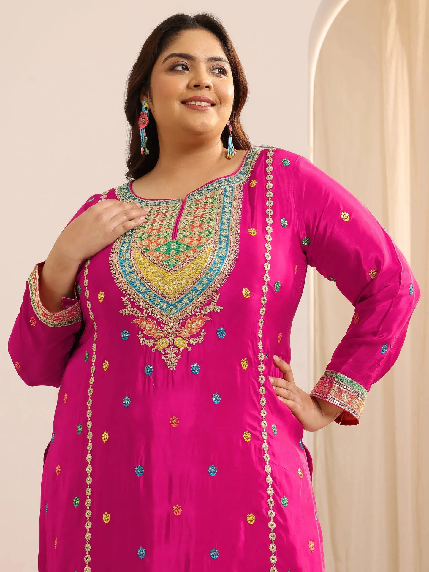 Plus Size Pink Embroidered Silk Blend Straight Sharara Suit Set With Dupatta