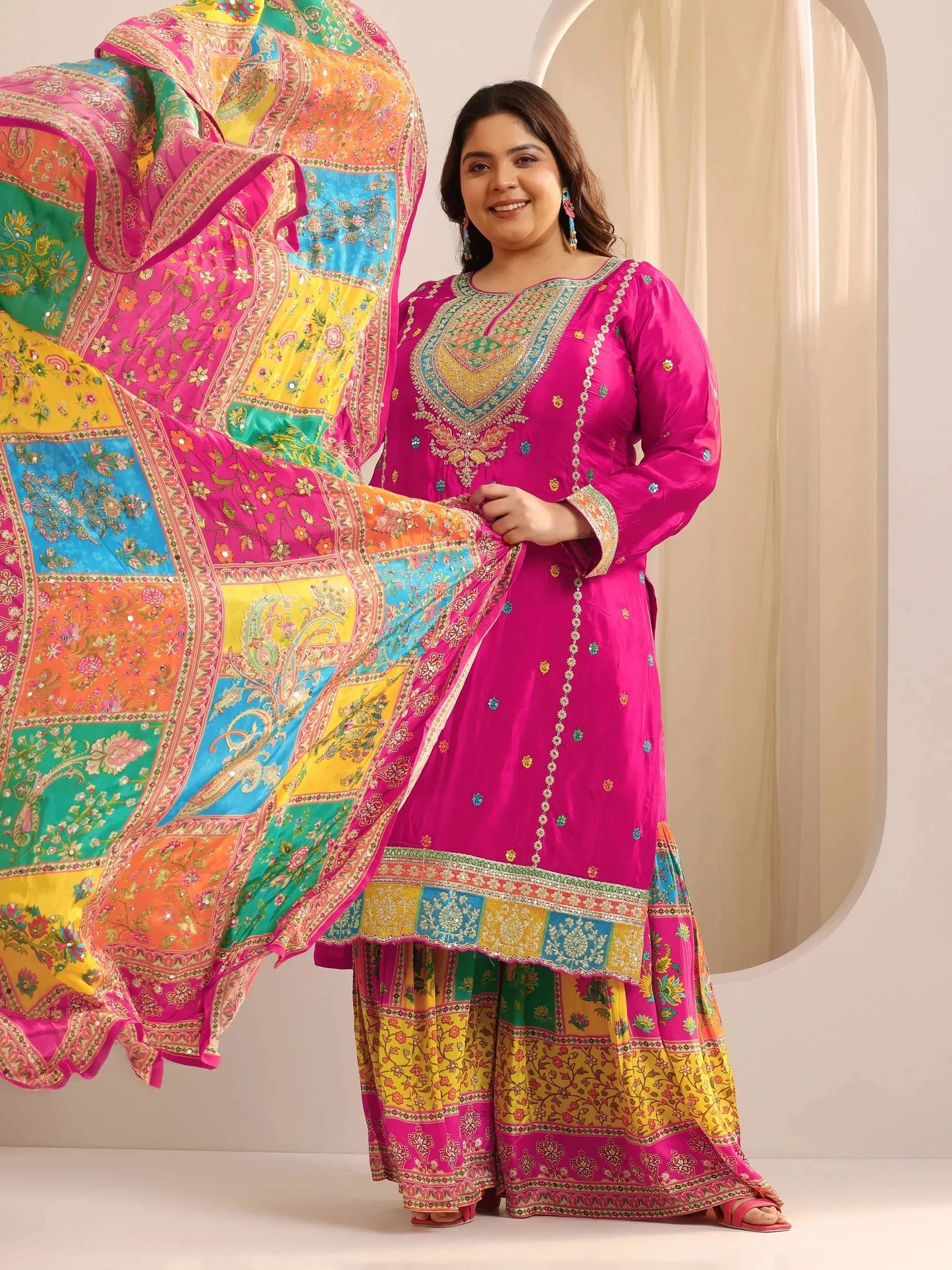Plus Size Pink Embroidered Silk Blend Straight Sharara Suit Set With Dupatta