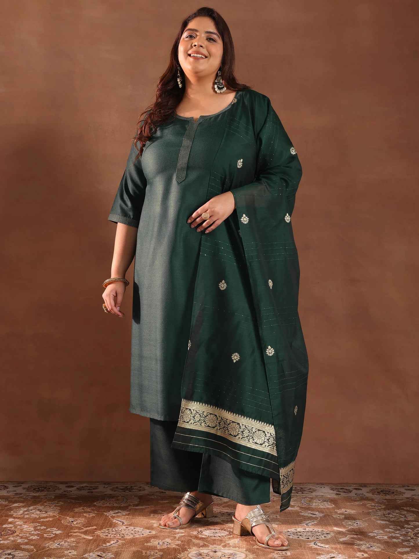 Plus Size Green Solid Cotton Blend Straight Suit Set With Dupatta