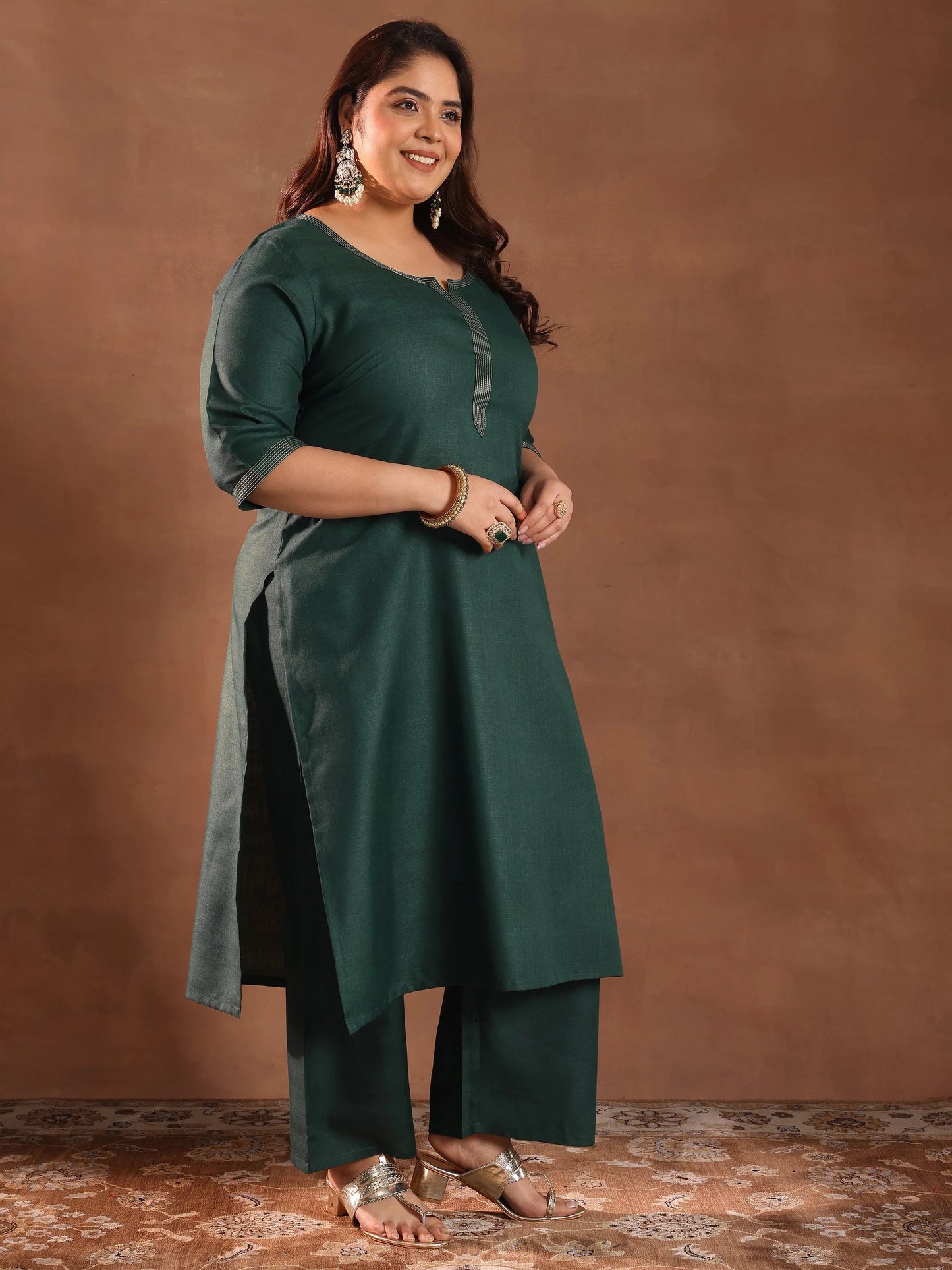 Plus Size Green Solid Cotton Blend Straight Suit Set With Dupatta