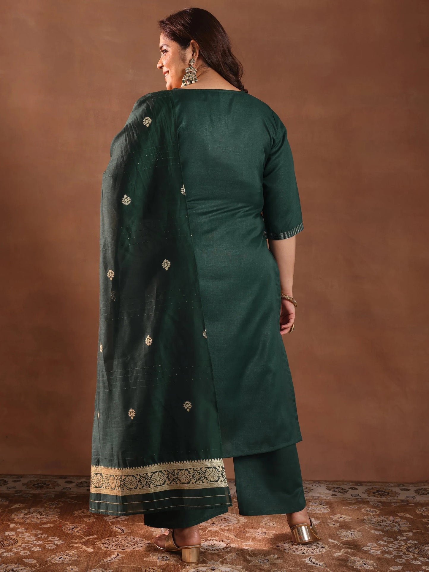 Plus Size Green Solid Cotton Blend Straight Suit Set With Dupatta