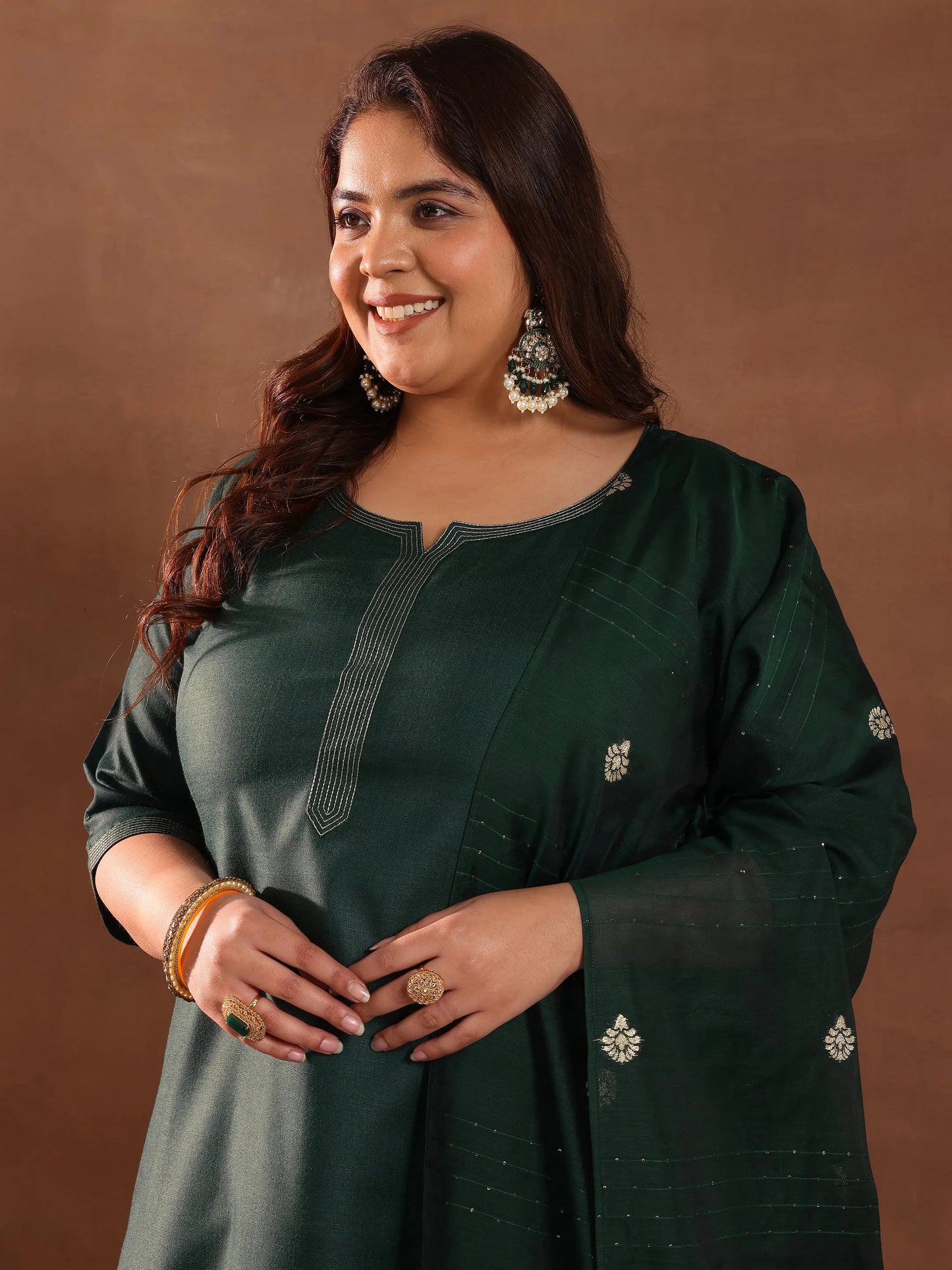 Plus Size Green Solid Cotton Blend Straight Suit Set With Dupatta