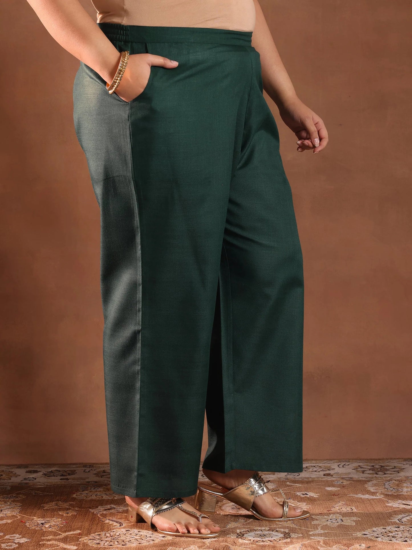 Plus Size Green Solid Cotton Blend Straight Suit Set With Dupatta