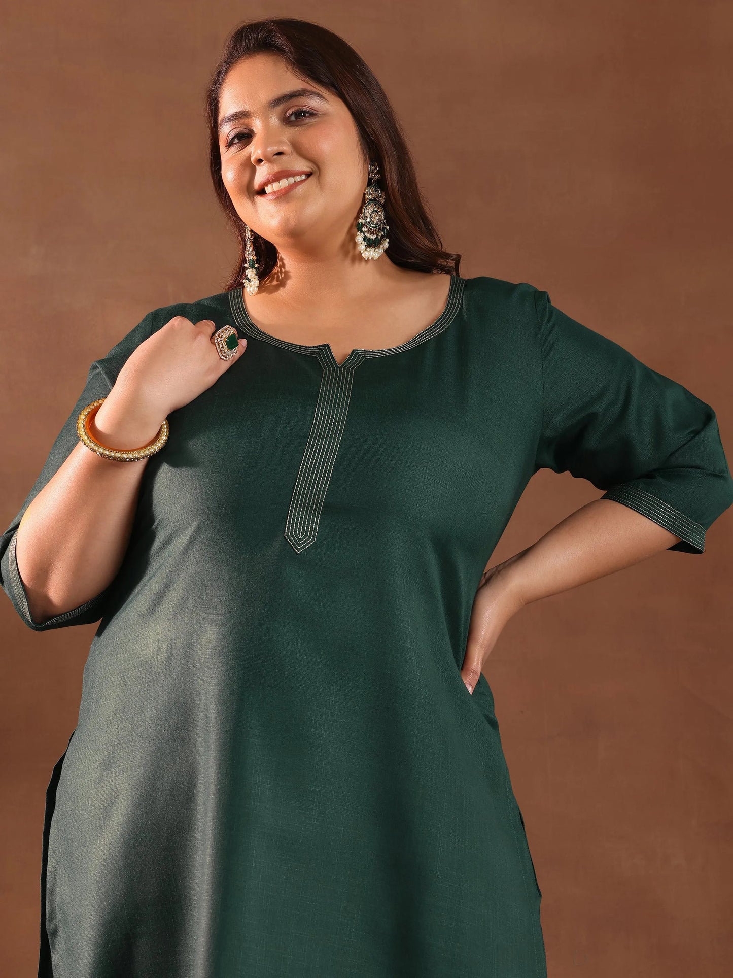 Plus Size Green Solid Cotton Blend Straight Suit Set With Dupatta