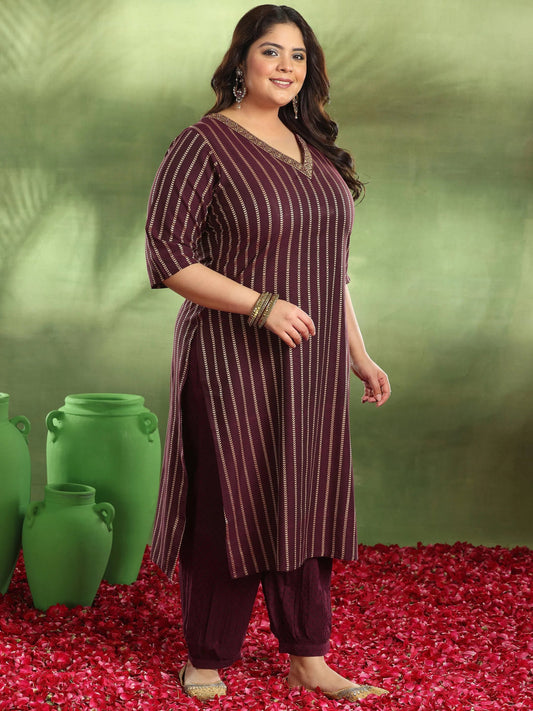 Plus Size Maroon Woven Design Cotton Blend Straight Suit With Dupatta