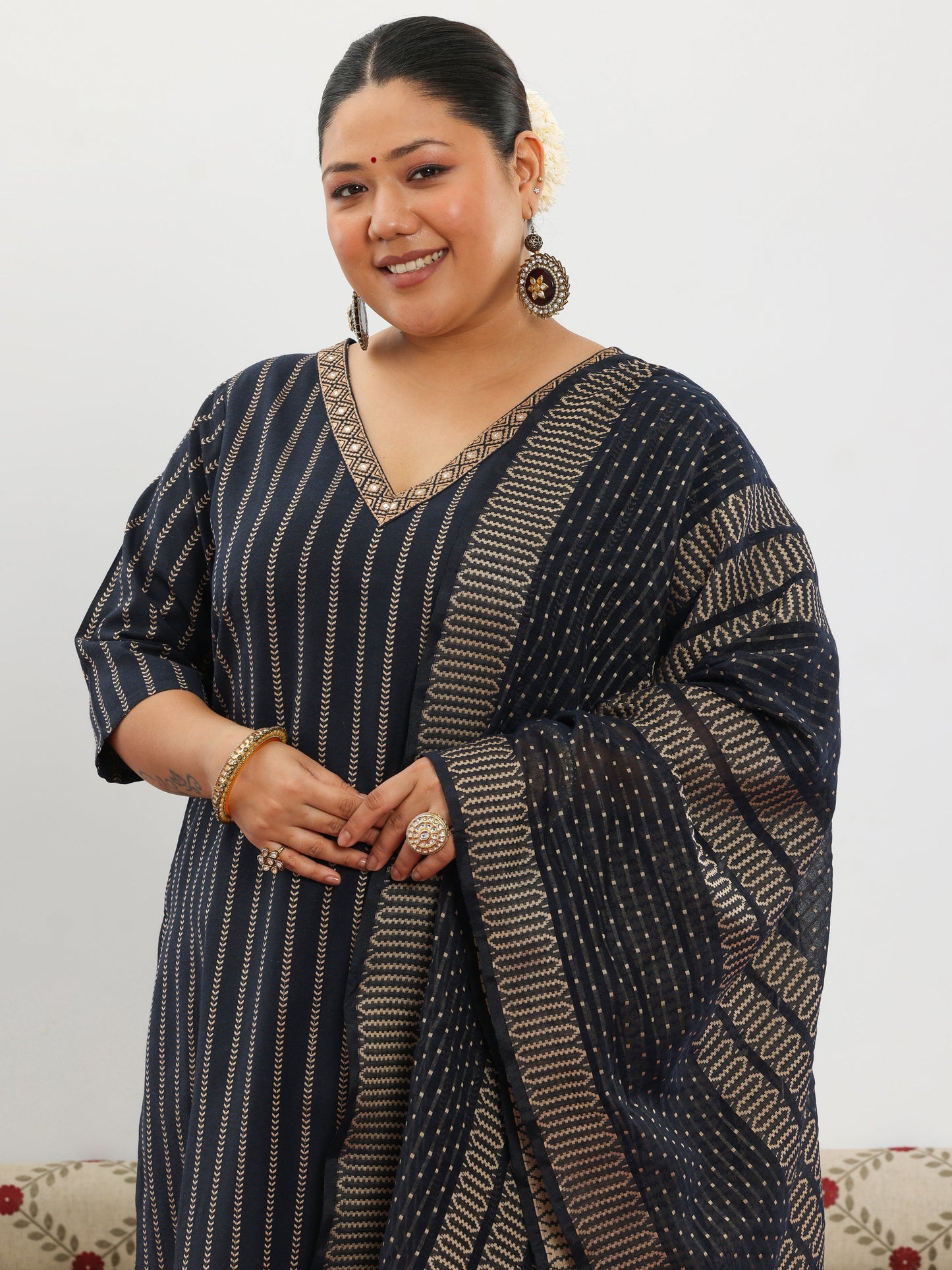 Plus Size Black Woven Design Cotton Blend Straight Suit With Dupatta