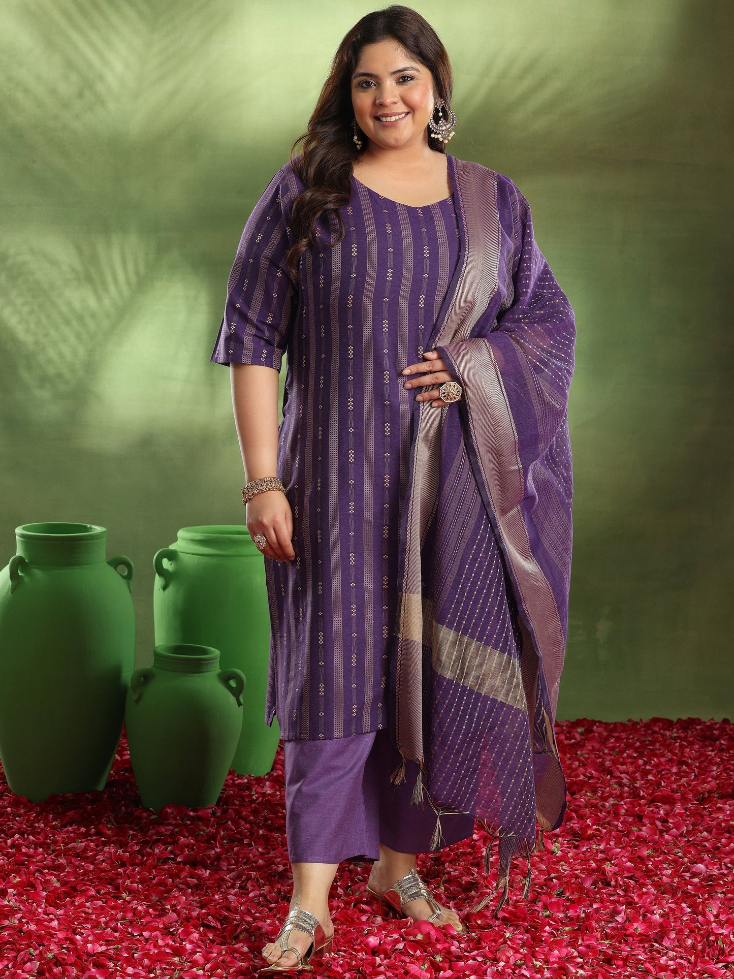 Plus Size Purple Woven Design Cotton Blend Straight Suit With Dupatta