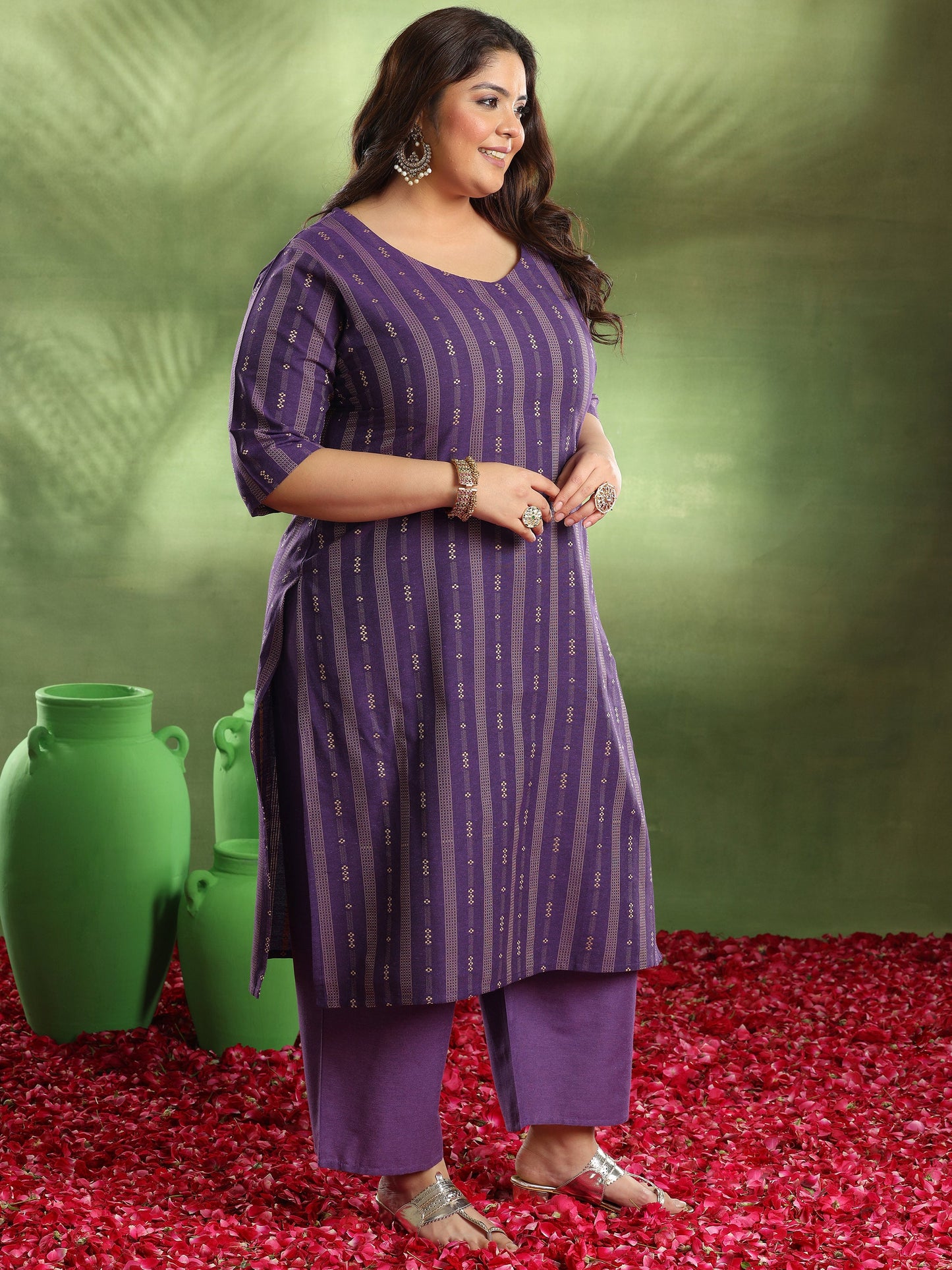 Plus Size Purple Woven Design Cotton Blend Straight Suit With Dupatta