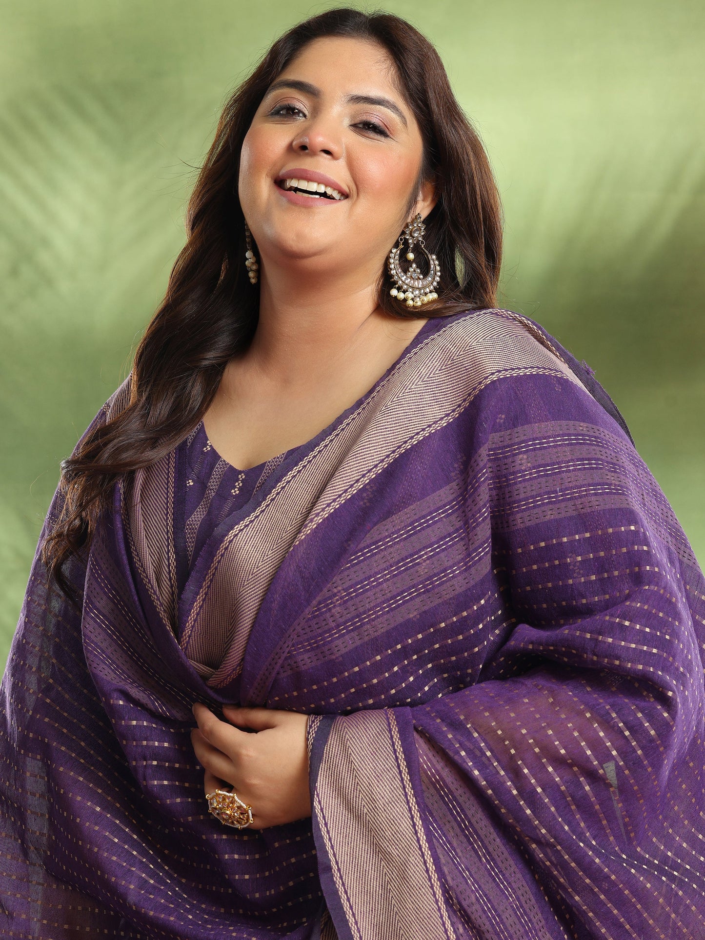 Plus Size Purple Woven Design Cotton Blend Straight Suit With Dupatta