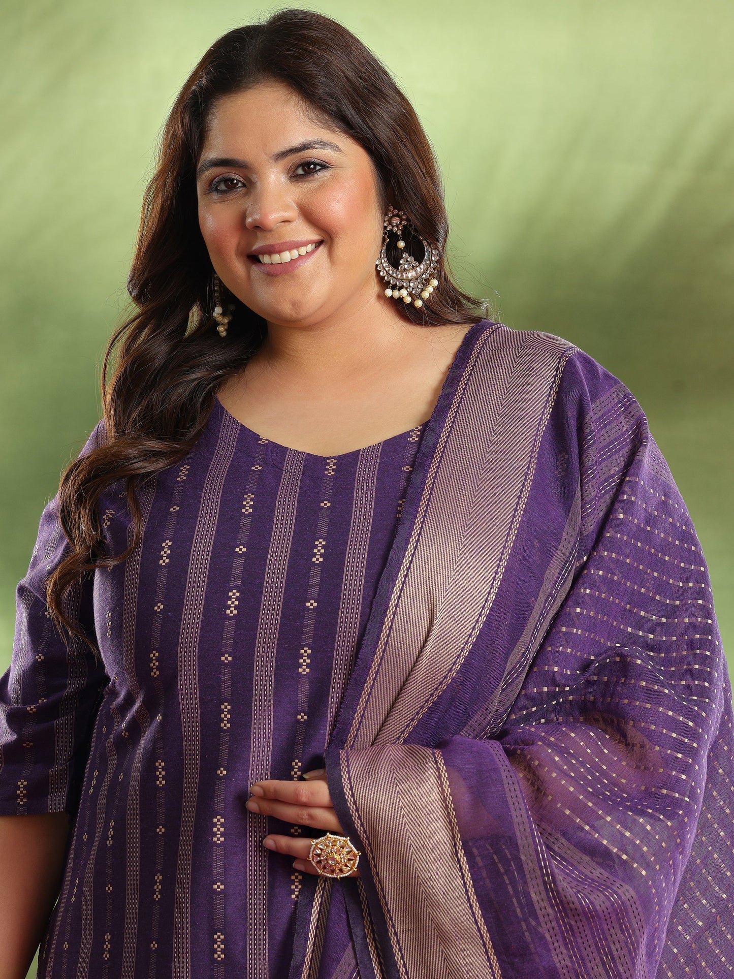Plus Size Purple Woven Design Cotton Blend Straight Suit With Dupatta