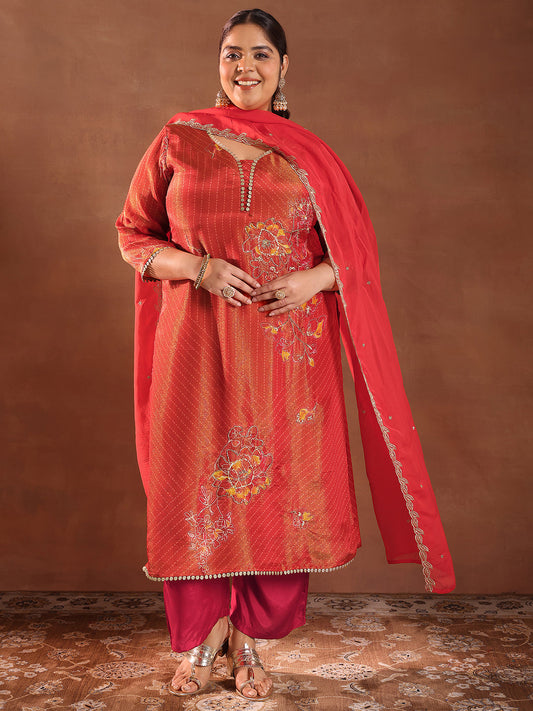 Plus Size Red Printed Silk Blend Straight Suit With Dupatta
