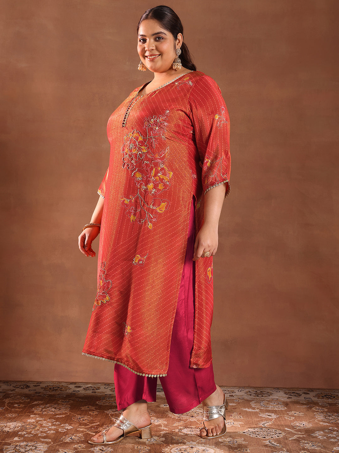 Plus Size Red Printed Silk Blend Straight Suit With Dupatta