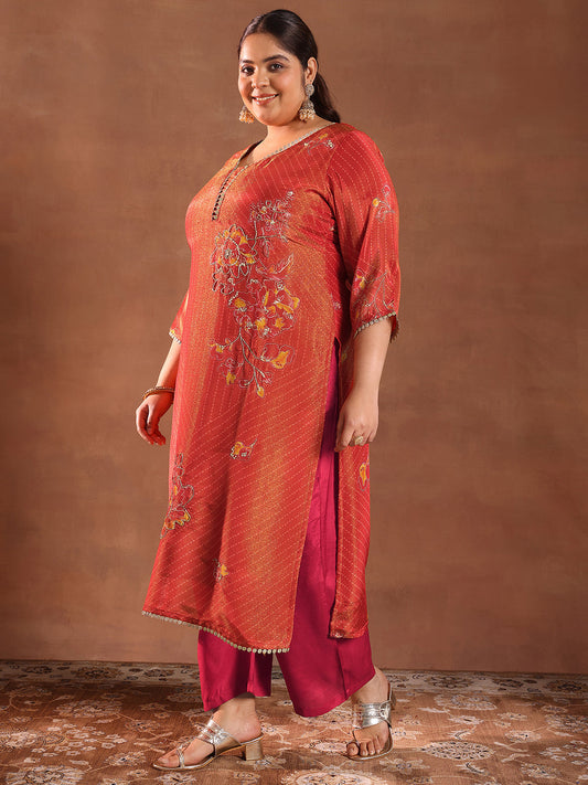 Plus Size Red Printed Silk Blend Straight Suit With Dupatta