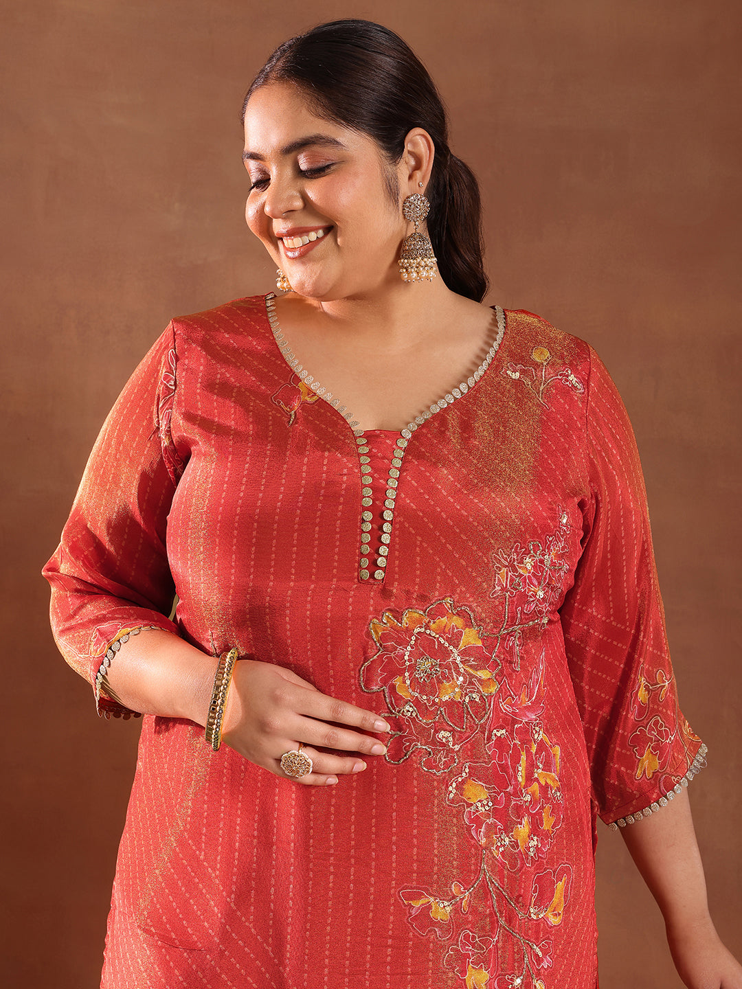 Plus Size Red Printed Silk Blend Straight Suit With Dupatta