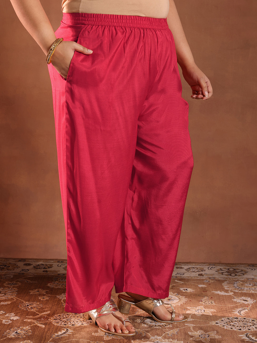 Plus Size Red Printed Silk Blend Straight Suit With Dupatta