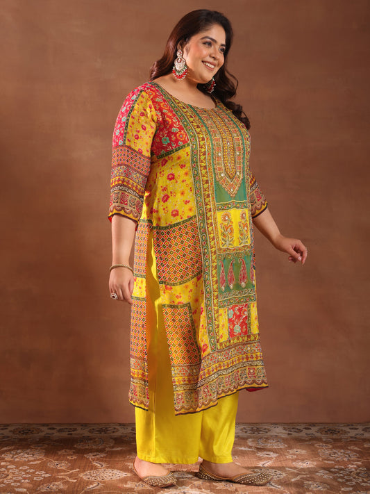 Plus Size Mutli Printed Organza Straight Suit With Dupatta