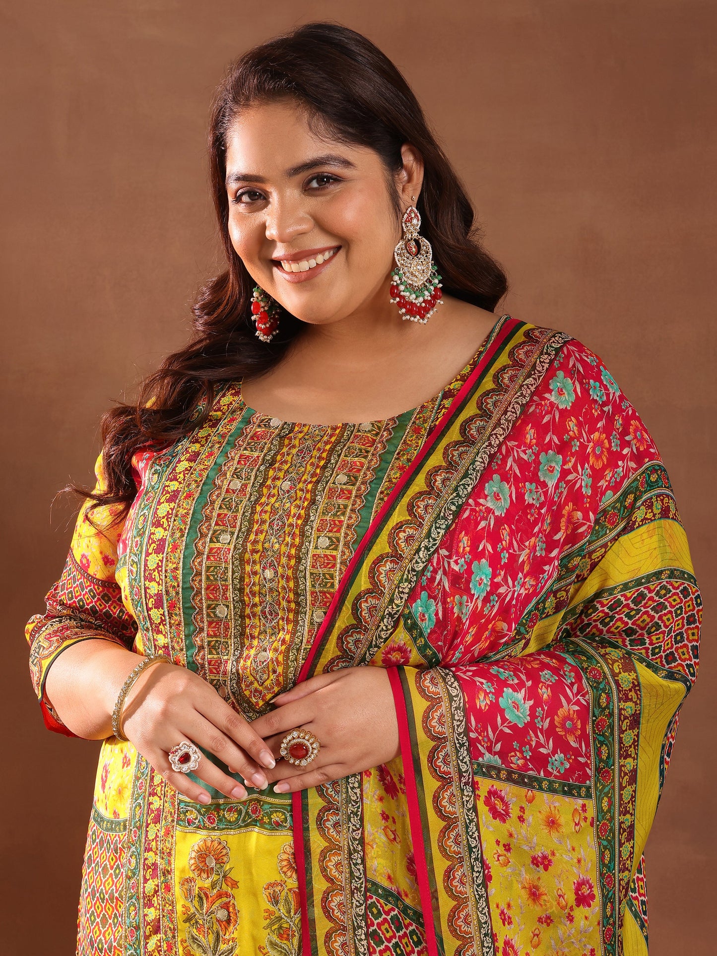 Plus Size Mutli Printed Organza Straight Suit With Dupatta