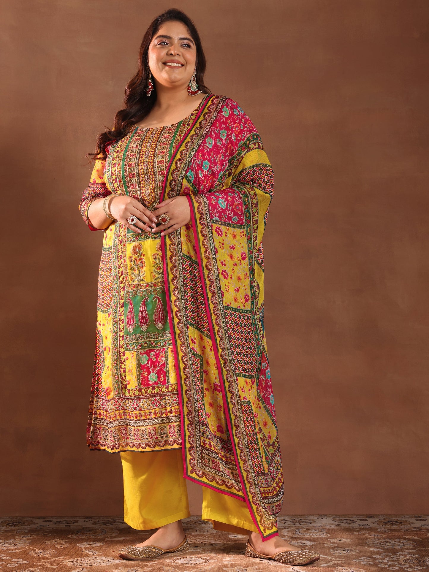 Plus Size Mutli Printed Organza Straight Suit With Dupatta