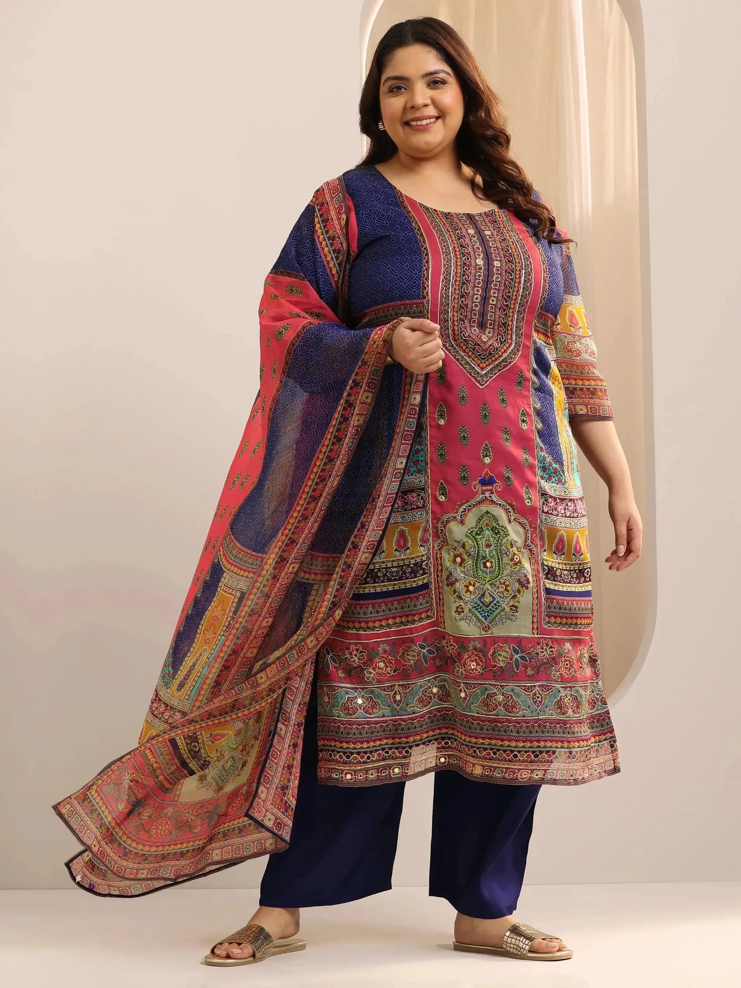 Plus Size Mutli Printed Organza Straight Suit Set With Dupatta