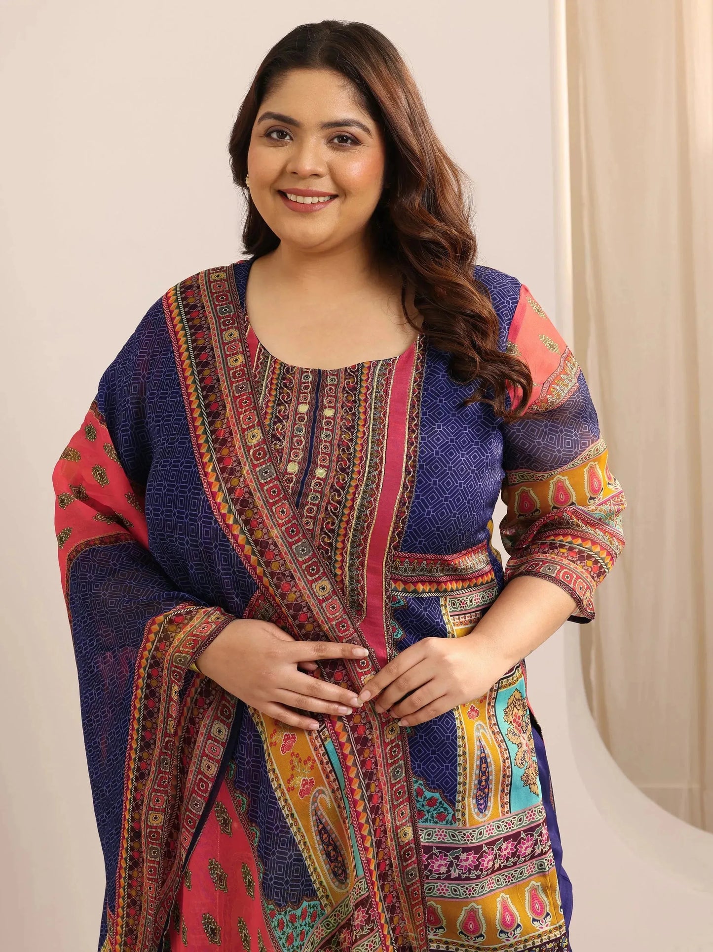 Plus Size Mutli Printed Organza Straight Suit Set With Dupatta