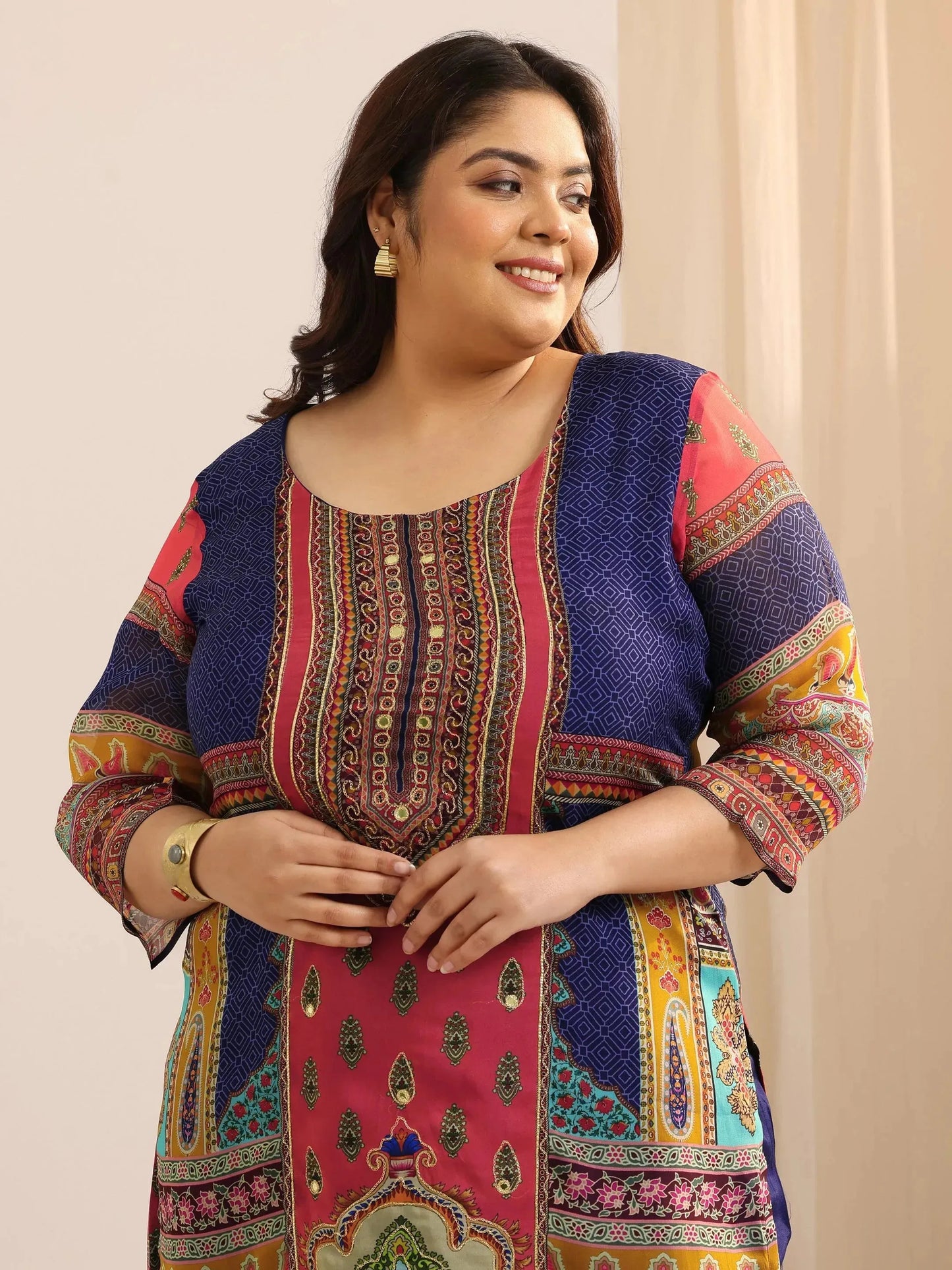 Plus Size Mutli Printed Organza Straight Suit Set With Dupatta