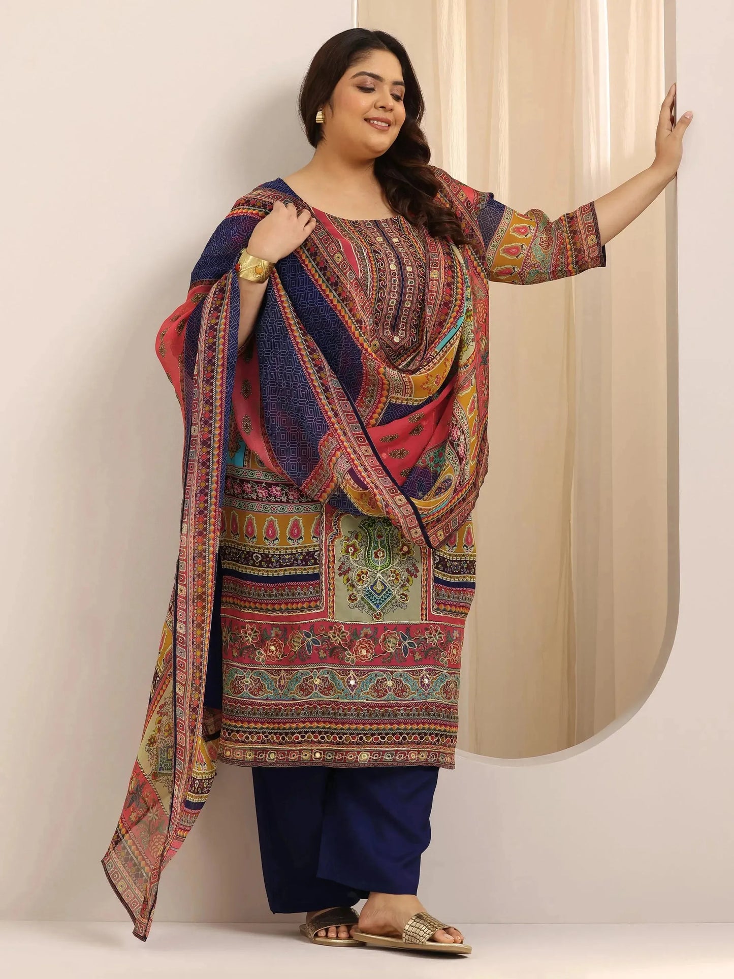 Plus Size Mutli Printed Organza Straight Suit Set With Dupatta