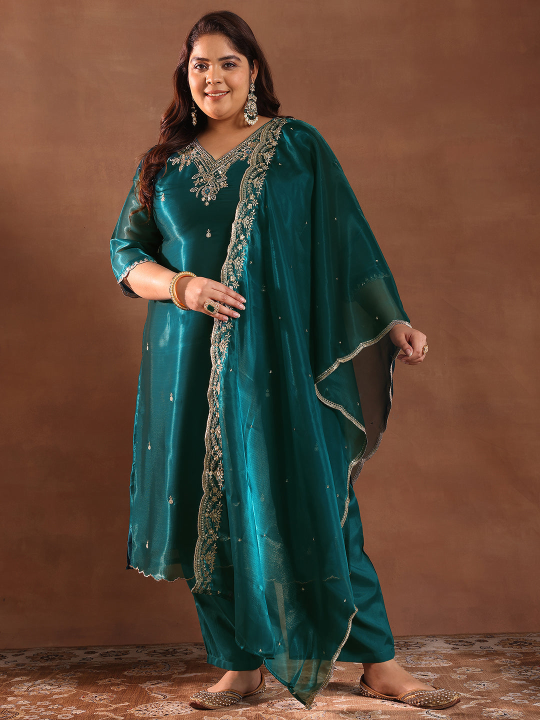 Plus Size Teal Yoke Design Tissue Straight Suit Set With Dupatta