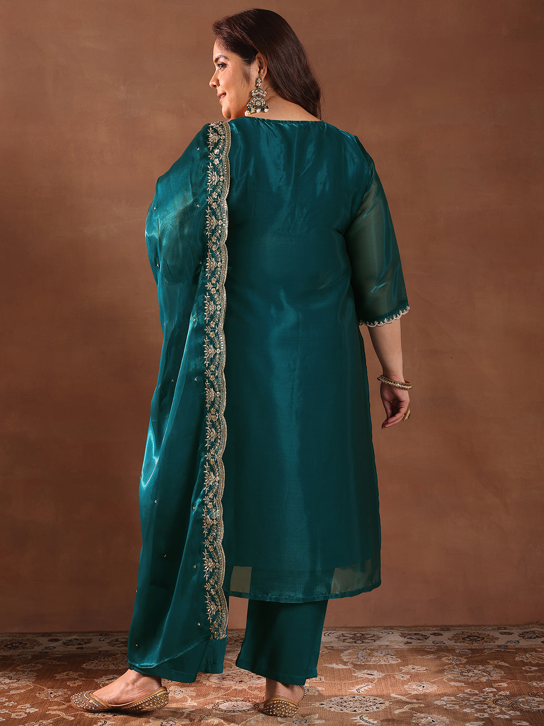Plus Size Teal Yoke Design Tissue Straight Suit Set With Dupatta