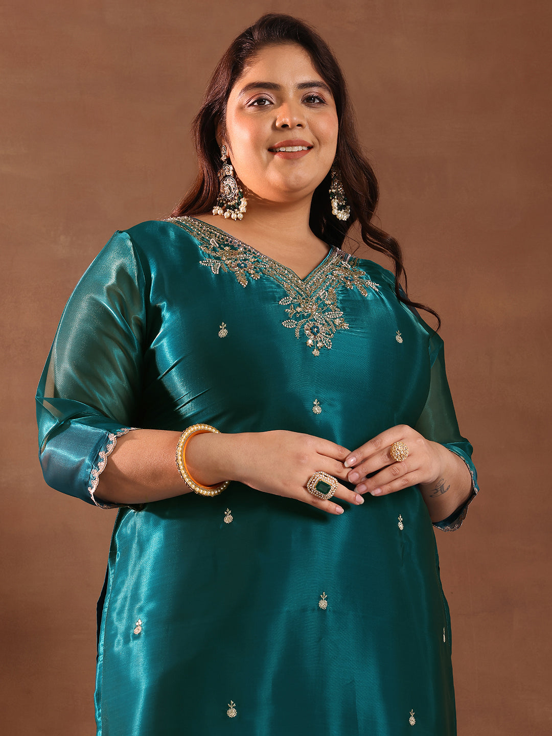 Plus Size Teal Yoke Design Tissue Straight Suit Set With Dupatta