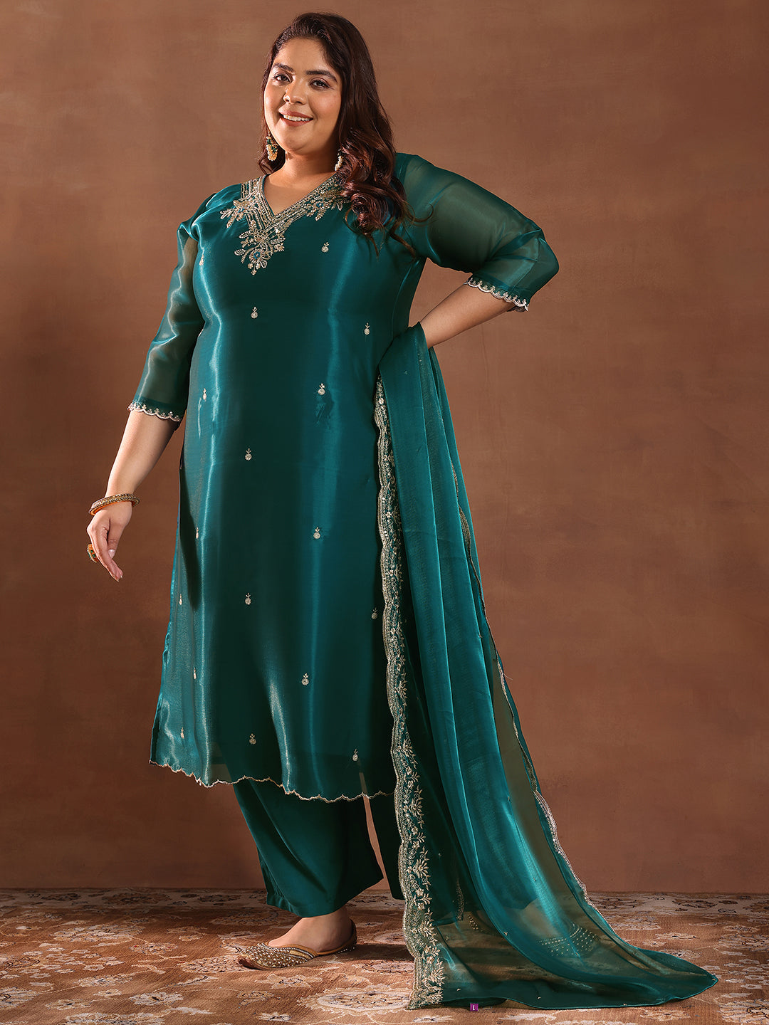 Plus Size Teal Yoke Design Tissue Straight Suit Set With Dupatta