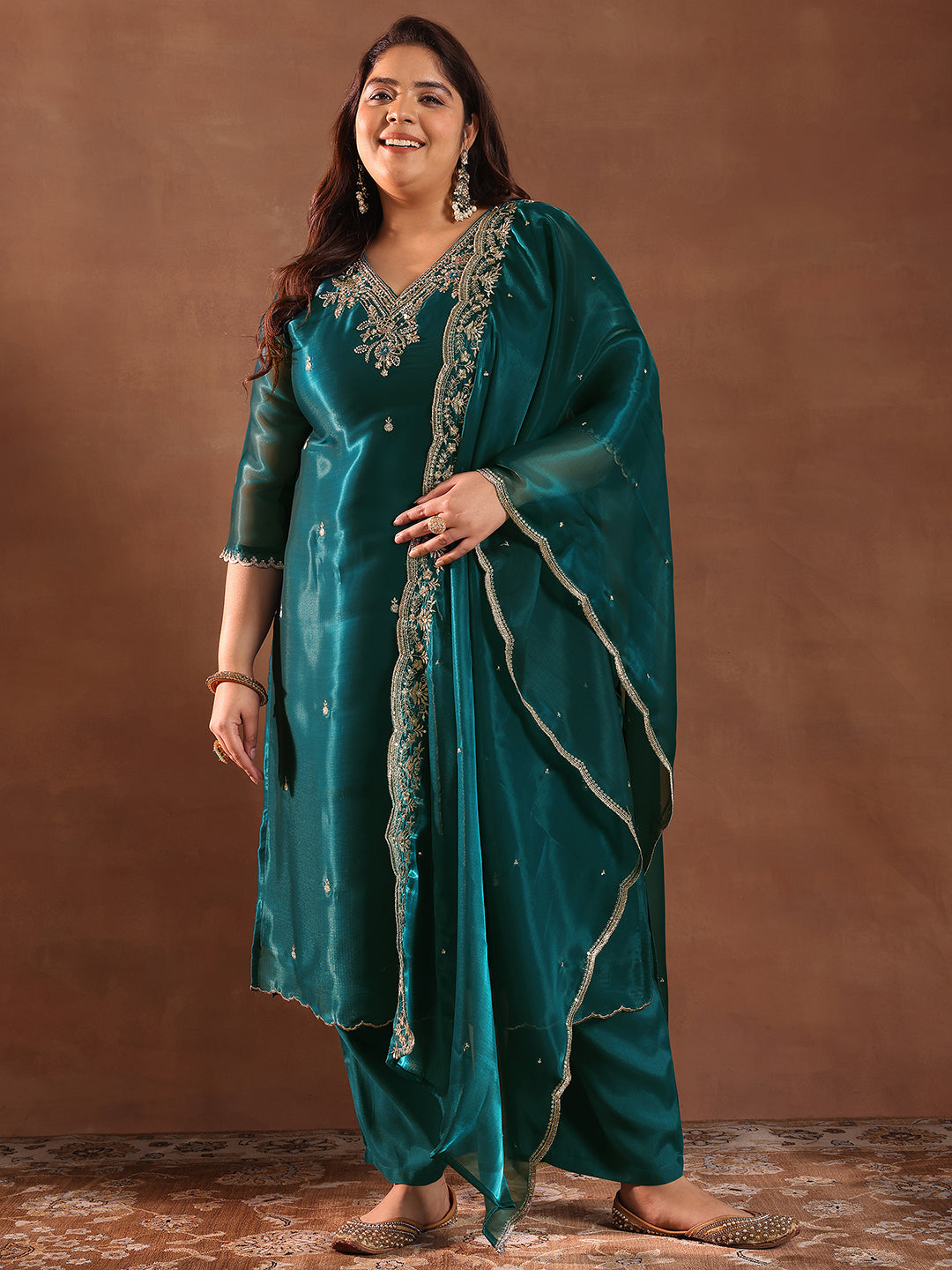 Plus Size Teal Yoke Design Tissue Straight Suit Set With Dupatta