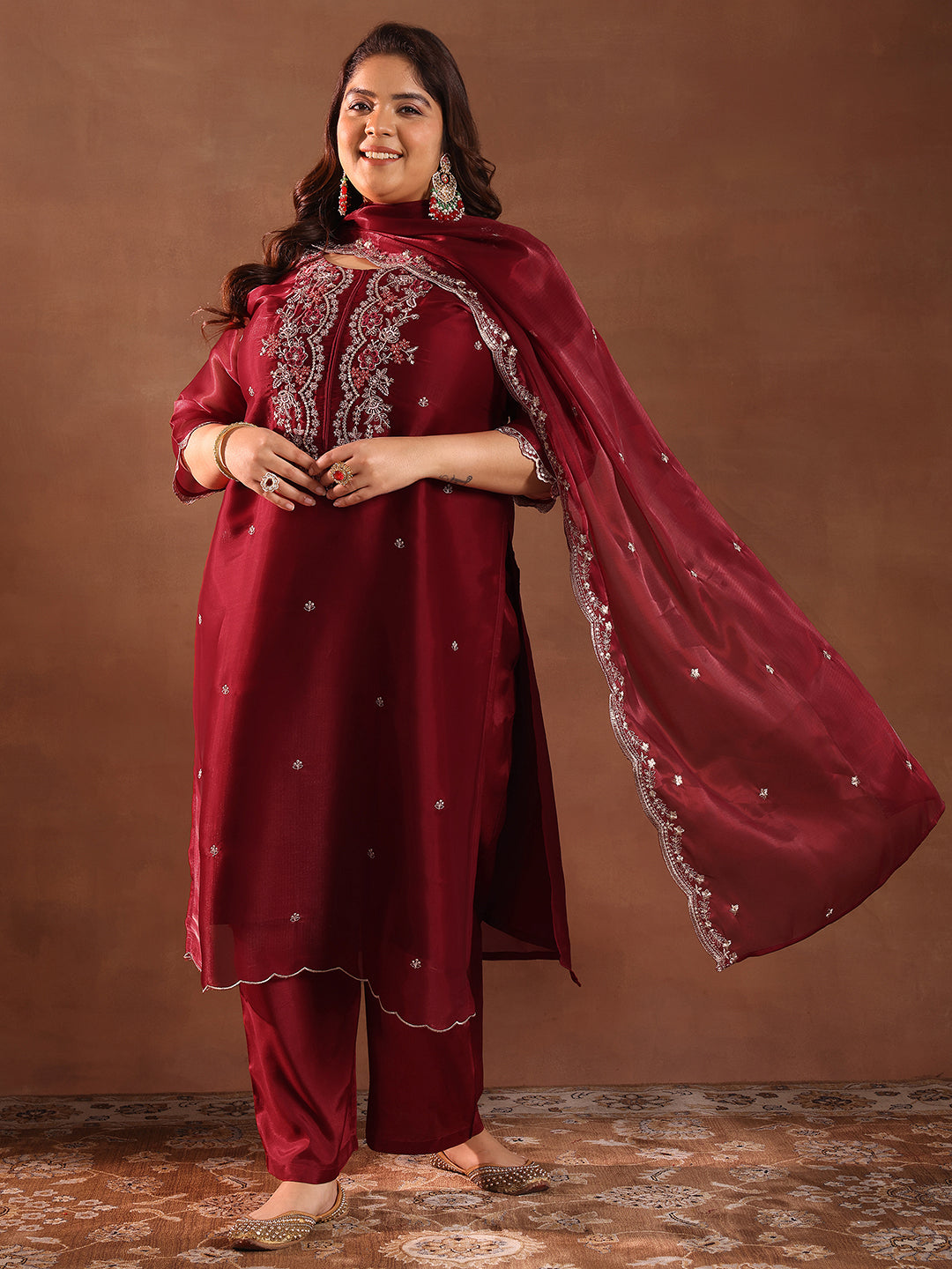 Plus Size Maroon Yoke Design Tissue Straight Suit With Dupatta