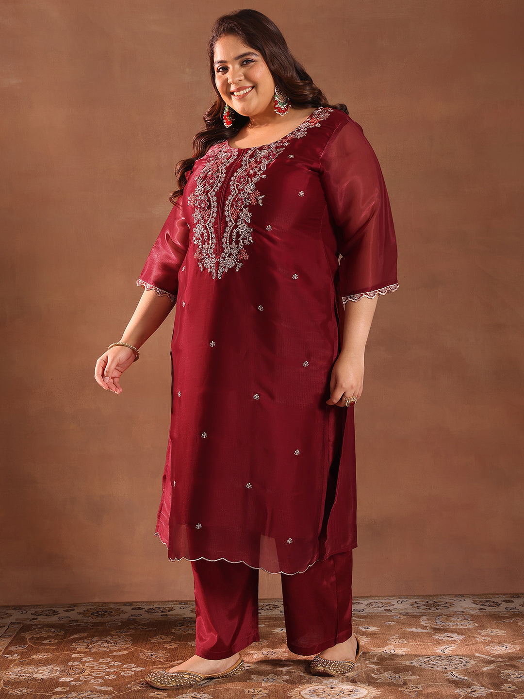 Plus Size Maroon Yoke Design Tissue Straight Suit With Dupatta
