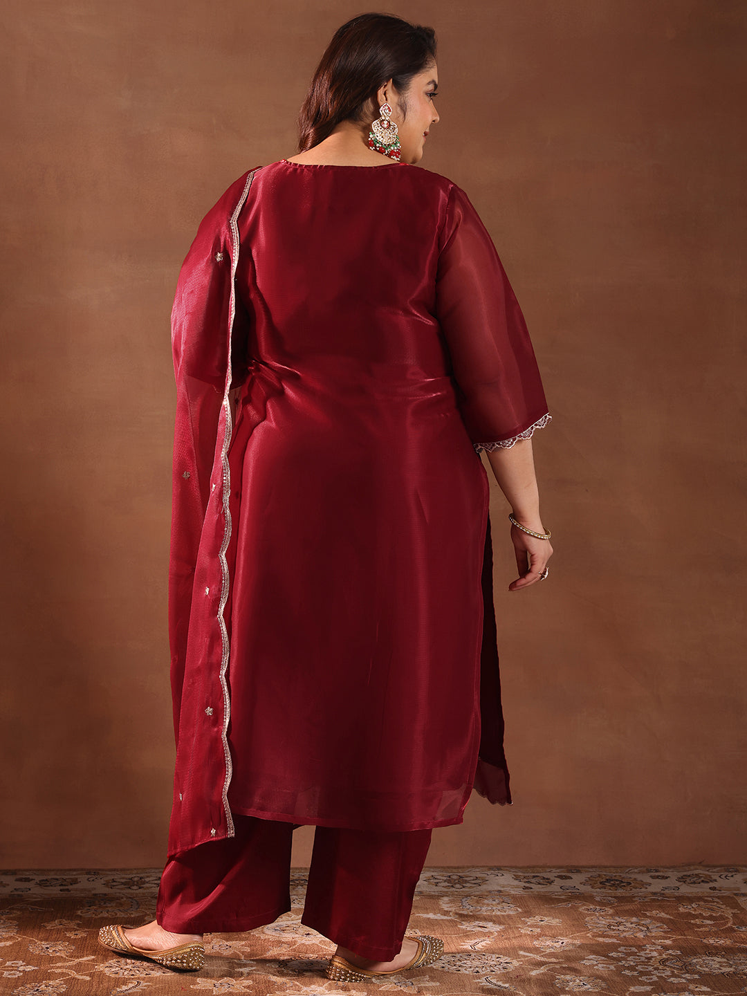 Plus Size Maroon Yoke Design Tissue Straight Suit With Dupatta