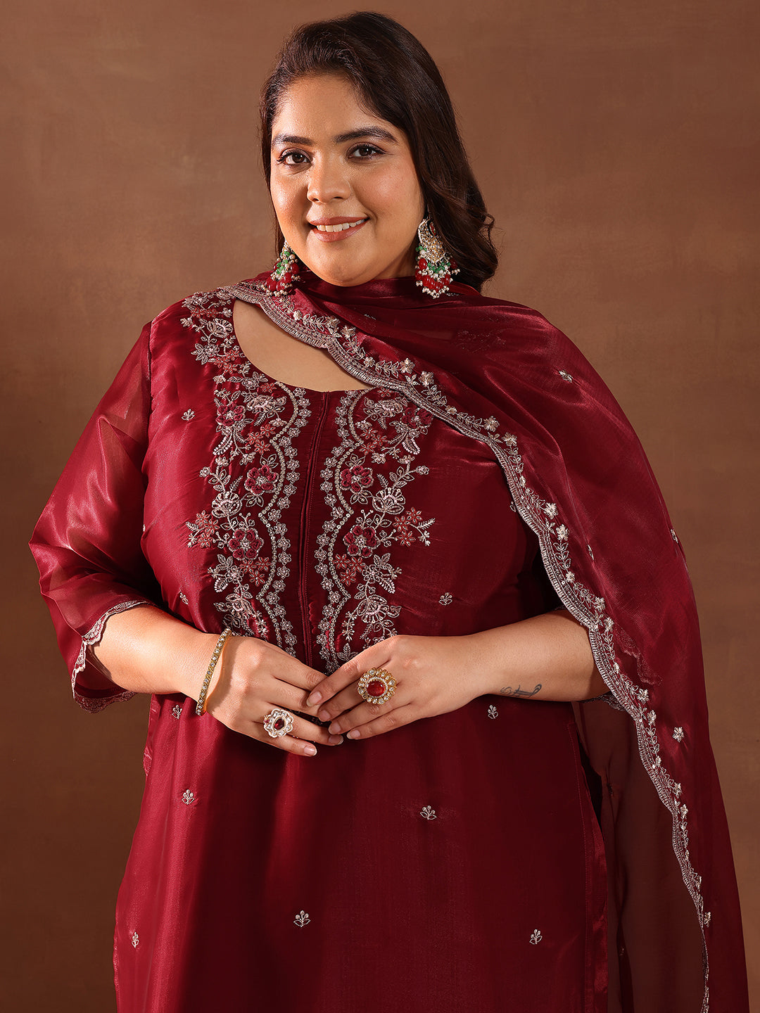 Plus Size Maroon Yoke Design Tissue Straight Suit With Dupatta