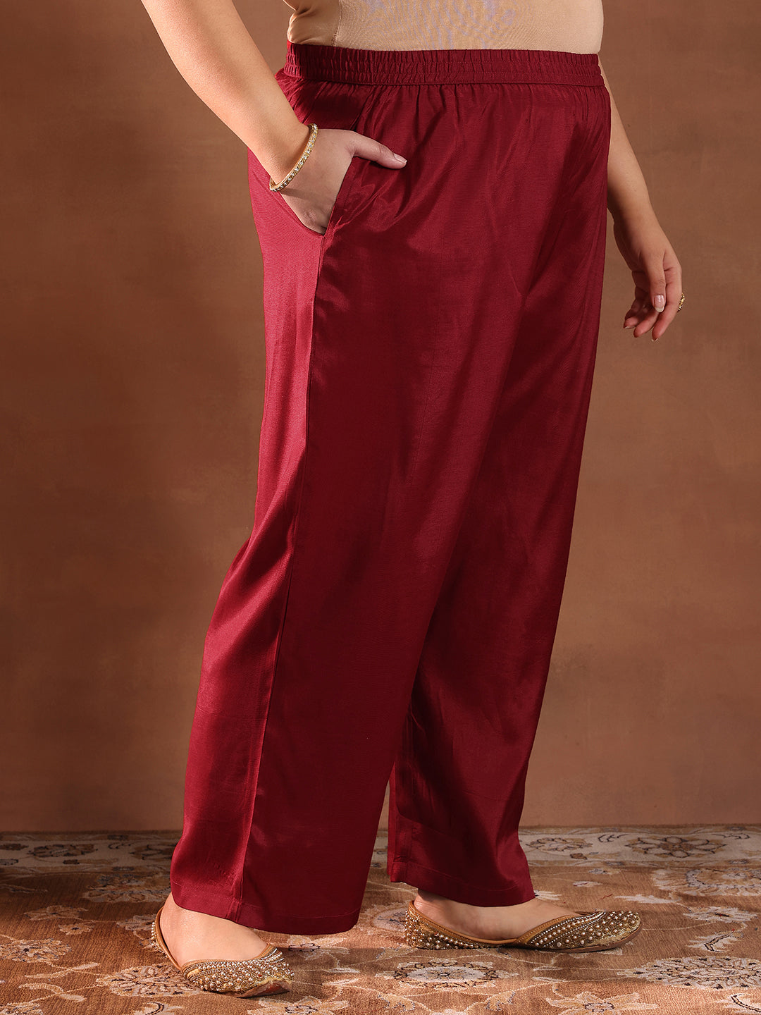 Plus Size Maroon Yoke Design Tissue Straight Suit With Dupatta