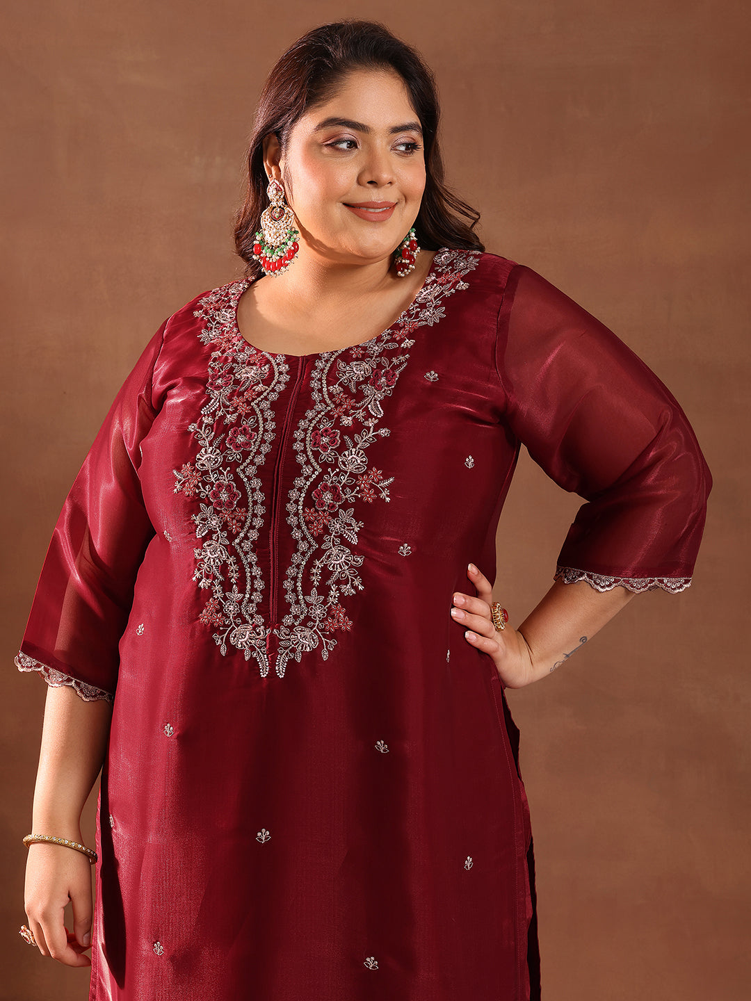 Plus Size Maroon Yoke Design Tissue Straight Suit With Dupatta