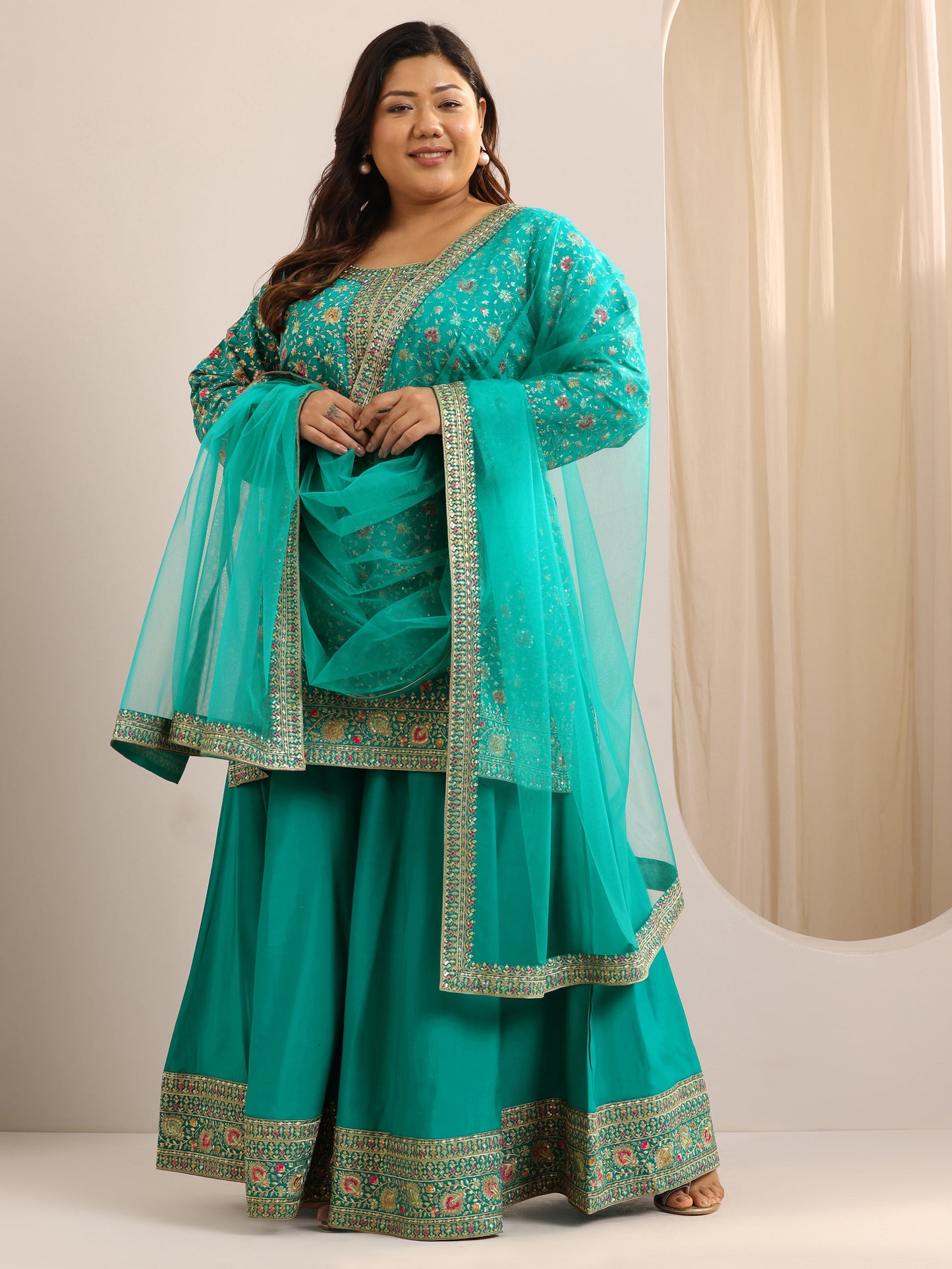 Plus Size Green Embroidered Silk Blend Straight Sharara Suit Set With Dupatta