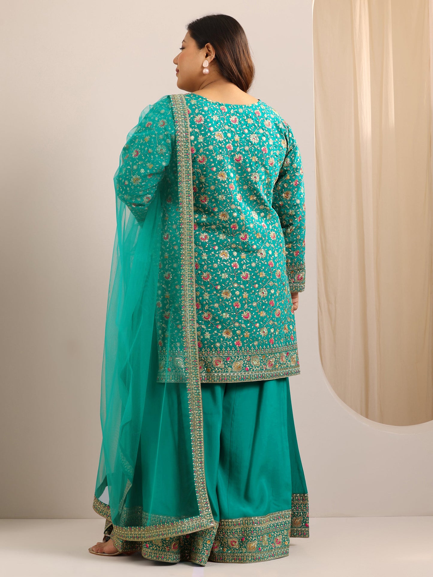 Plus Size Green Embroidered Silk Blend Straight Sharara Suit Set With Dupatta