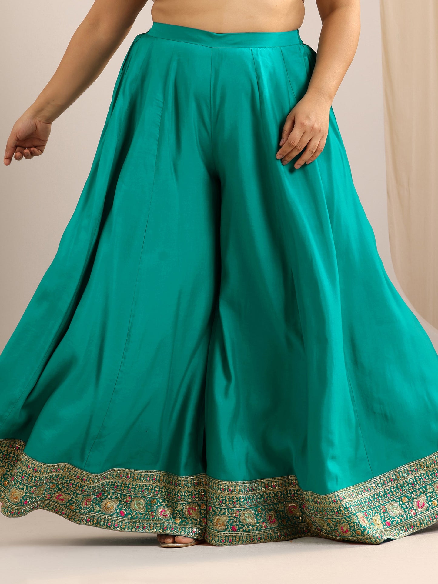 Plus Size Green Embroidered Silk Blend Straight Sharara Suit Set With Dupatta