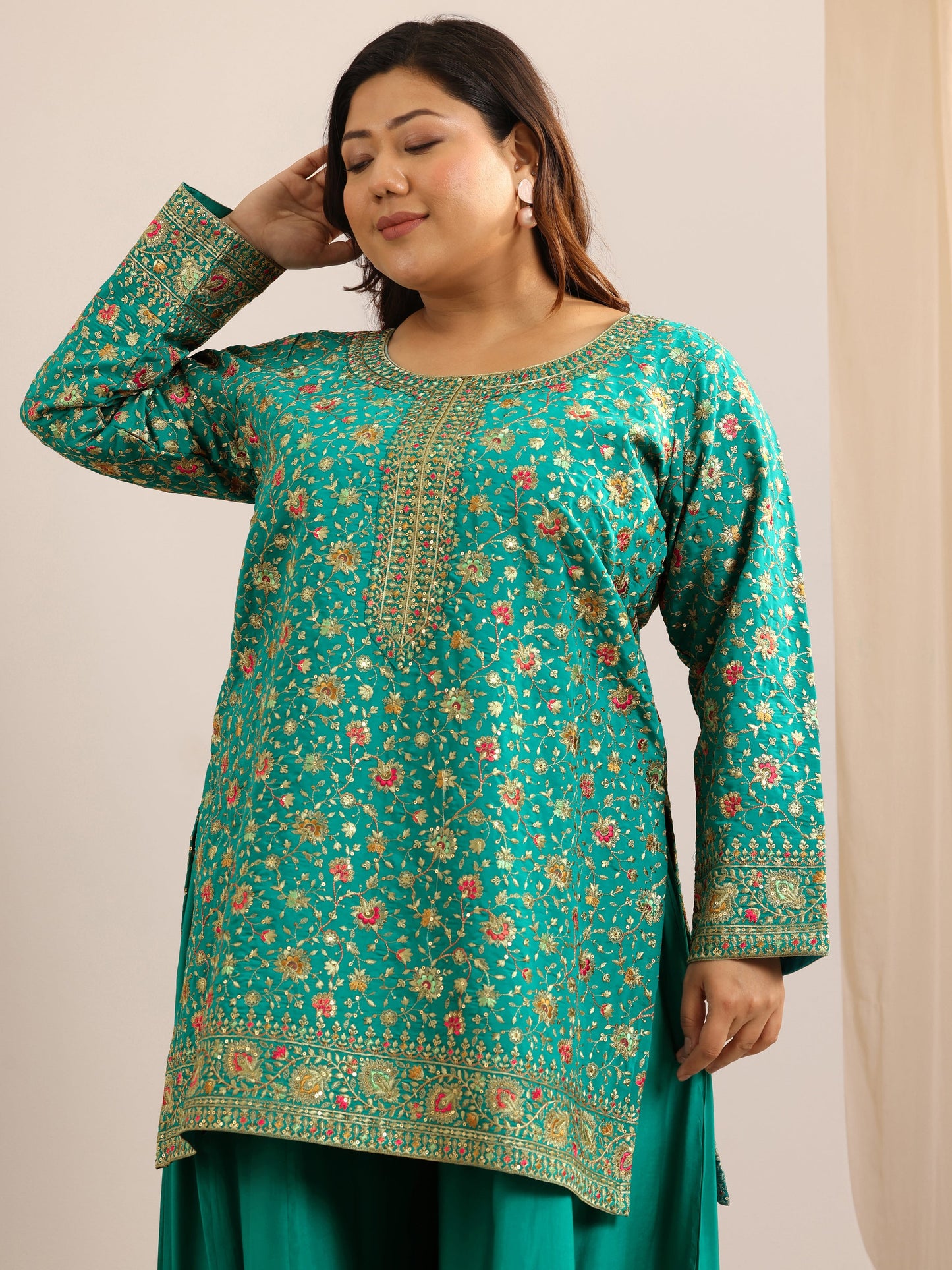 Plus Size Green Embroidered Silk Blend Straight Sharara Suit Set With Dupatta