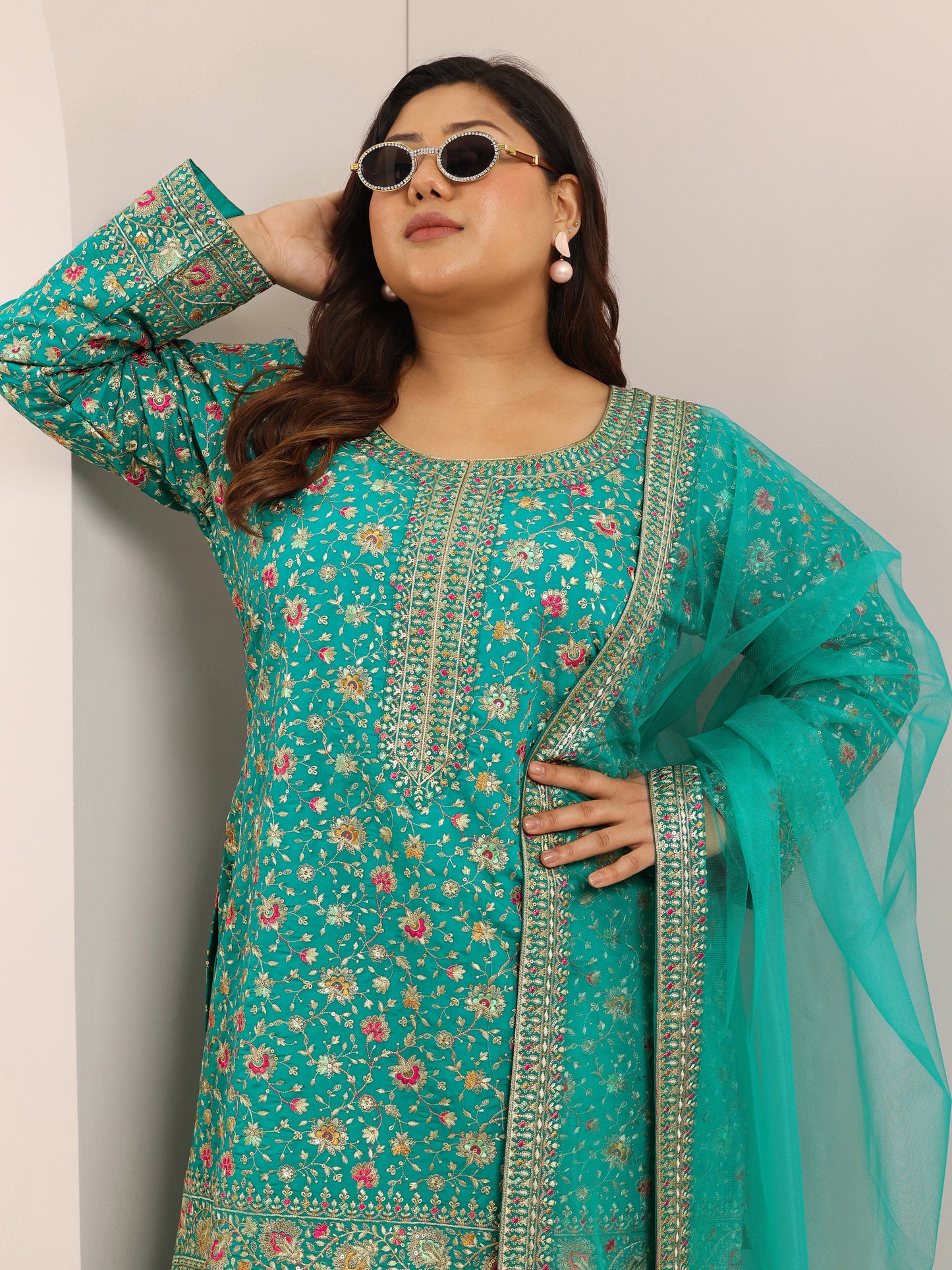 Plus Size Green Embroidered Silk Blend Straight Sharara Suit Set With Dupatta