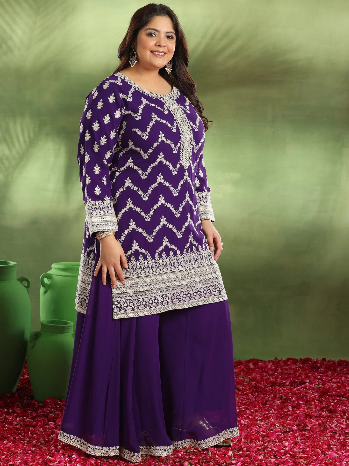 Plus Size Purple Embroidered Georgette Straight Suit With Dupatta