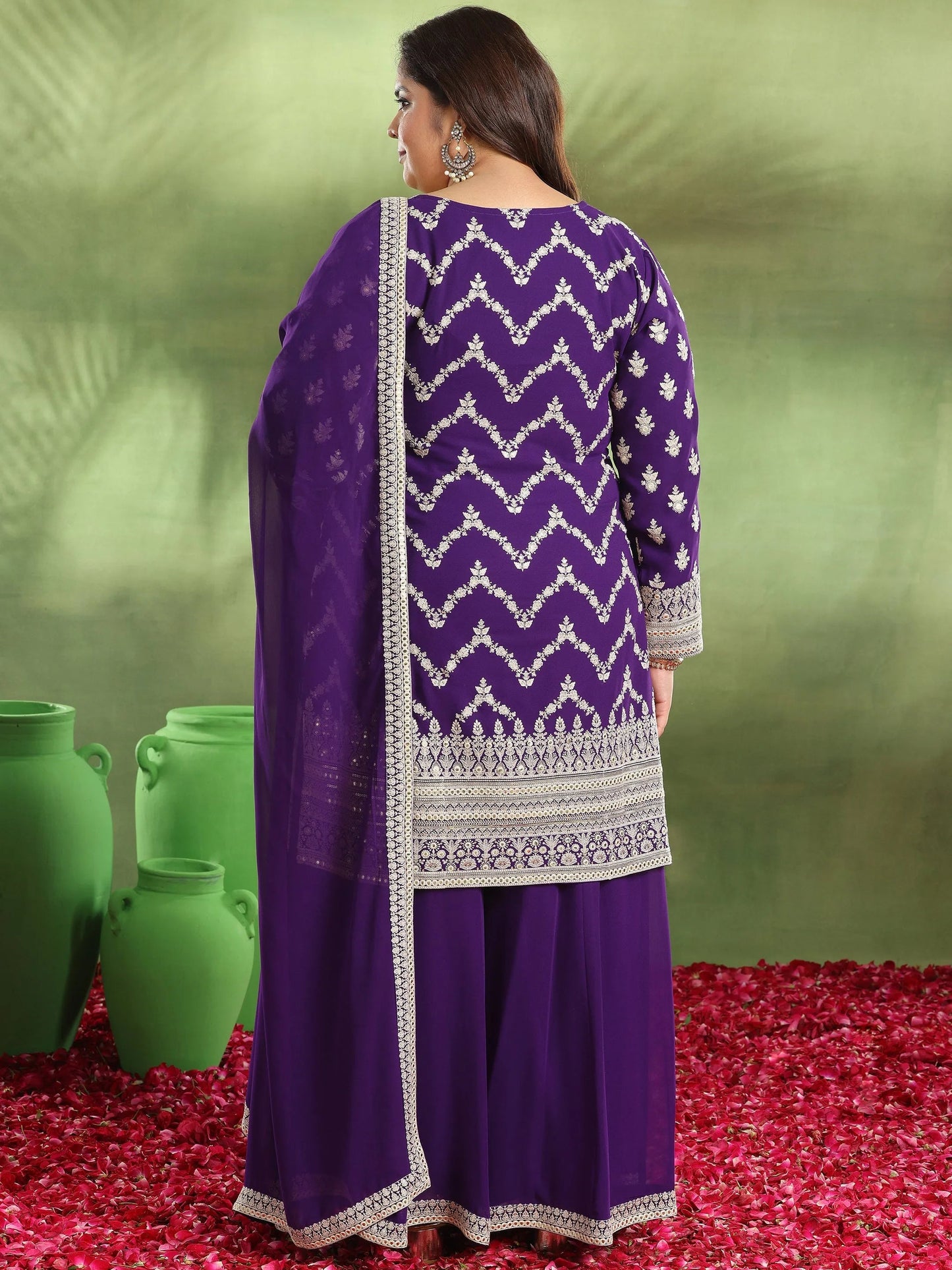 Plus Size Purple Embroidered Georgette Straight Suit With Dupatta