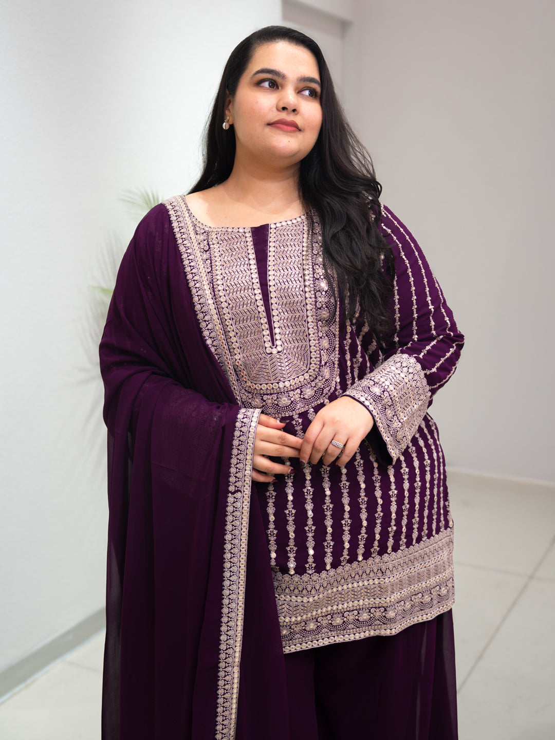 Plus Size Purple Embroidered Georgette A line Suit Set With Dupatta