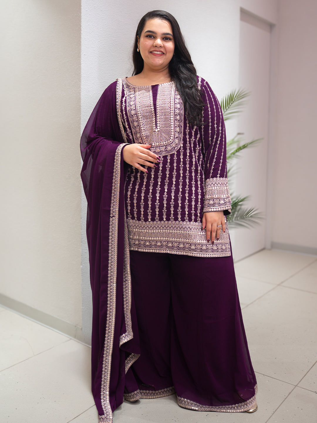 Plus Size Purple Embroidered Georgette A line Suit Set With Dupatta