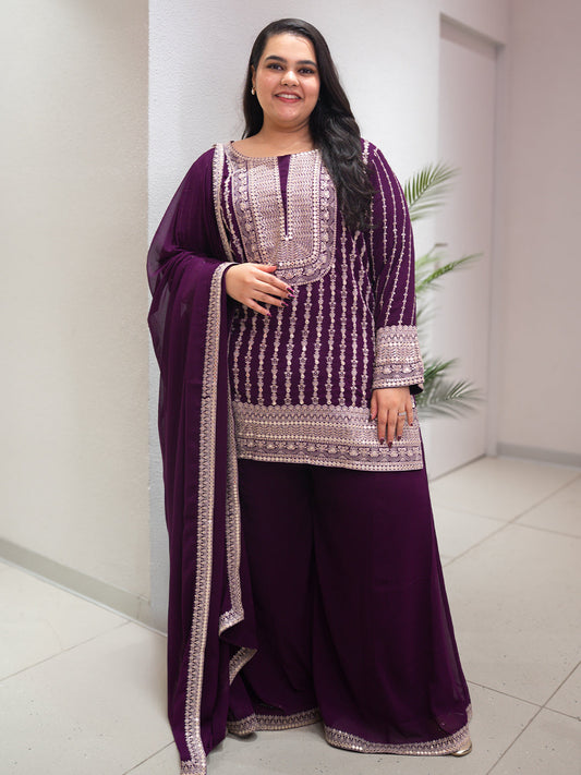 Plus Size Purple Embroidered Georgette A line Suit Set With Dupatta