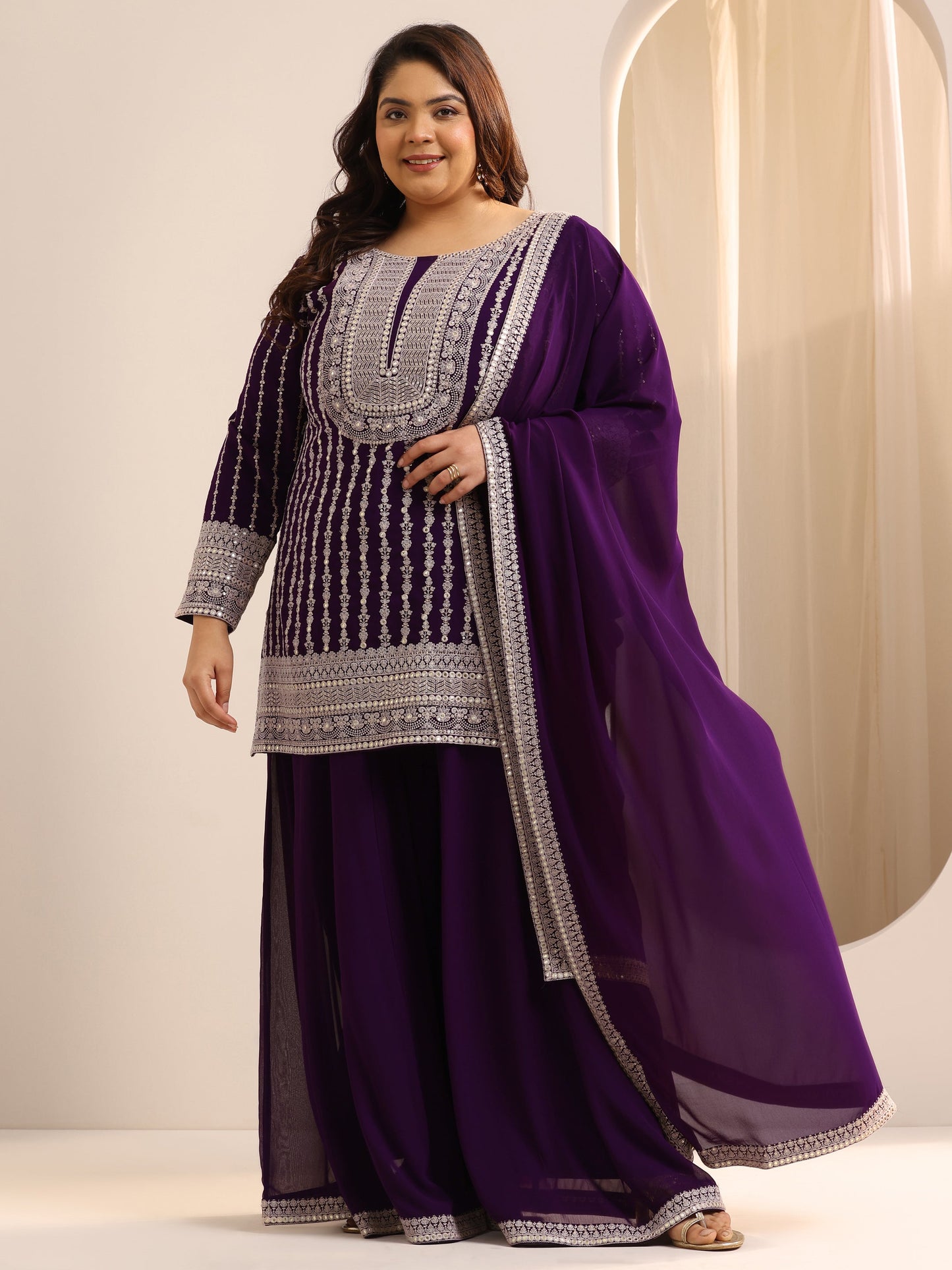 Plus Size Purple Embroidered Georgette A line Suit Set With Dupatta