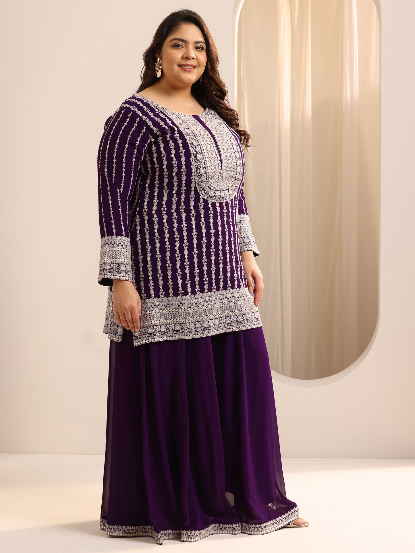 Plus Size Purple Embroidered Georgette A line Suit Set With Dupatta